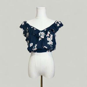 Abercrombie Top Women Size Medium Blue Floral Crop Off-Shoulder Ruffle Sleeves